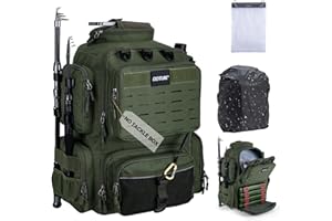 Goture 45L Fishing Tackle Backpack with Rod Holders, 900D Large Lure Fishing Bag Contain 8 Soft Lure Pockets, Water-Resistant Tackle Backpack with Rain Cover for Camping Hiking (Only Green Bag)