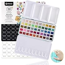 Artecho Set Acquerelli Professionali 50 Colori Metallico in Scatola Portatile, con Pennello e Carta per Acquerello, Acquerello da Viaggio, Watercolor, per Artisti e Pittori per Hobby