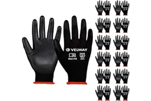 Velway Guanti da Lavoro 12 Paia - Resistenti all'Abrasione - Fibra Poliestere con Rivestimento in PU - Versatile per Usi Meccanica Industriale Giardinaggio Assemblaggio - Nero Taglia 7/S