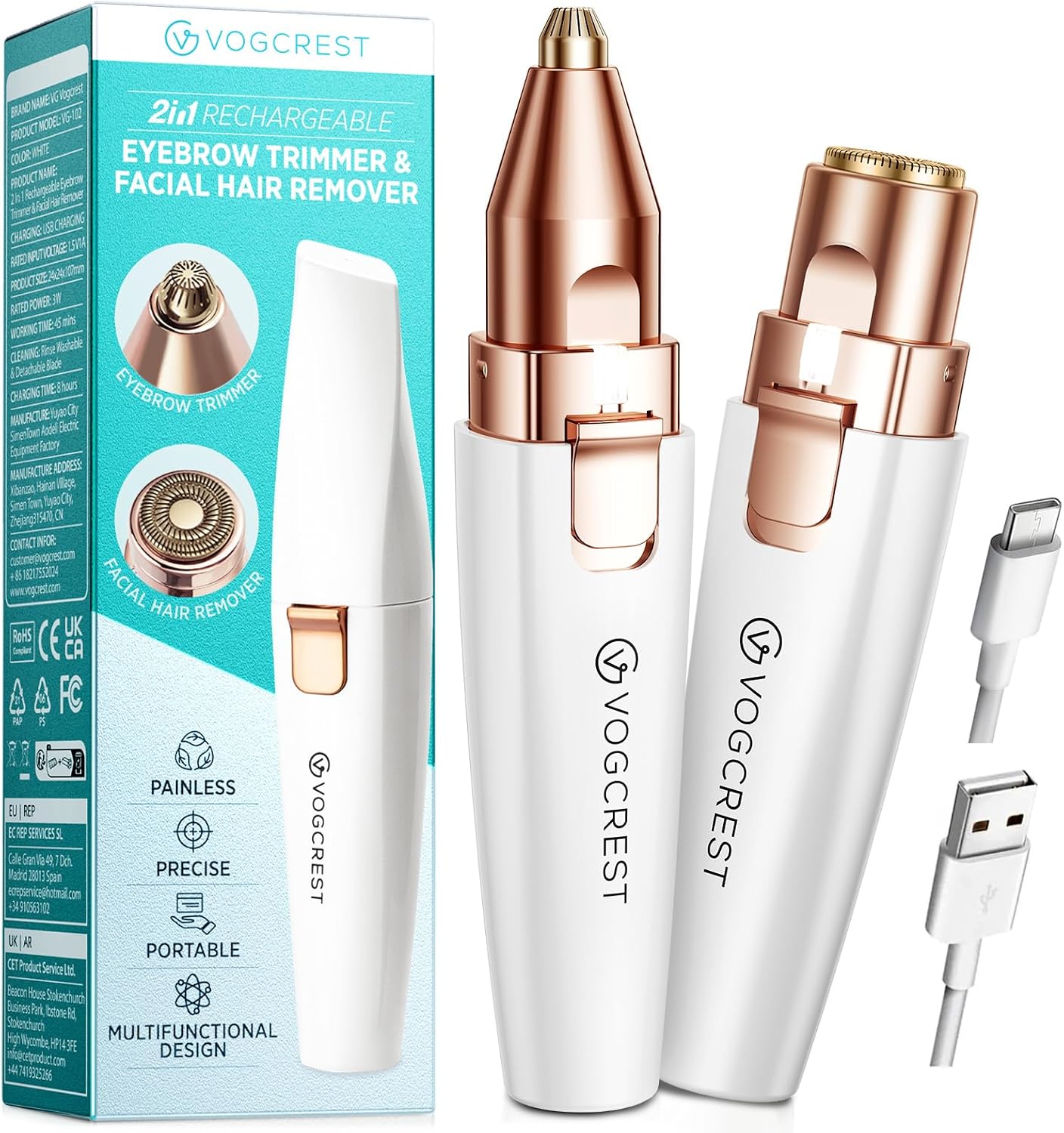VG VOGCREST Recortadora facial de cejas: depilación facial recargable 2 en 1 y afeitadora de cejas, afeitadora facial sin dolor con luz LED integrada (blanco)