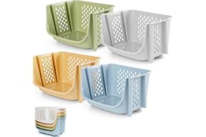 FNG8 Contenitori Impilabili [4 Pezzi] - Cestini in Plastica con Rotelle e Apertura Frontale - Contenitori per Condimenti, Frutta e Verdura, Giocattoli, Prodotti per il Bagno e per il Bucato