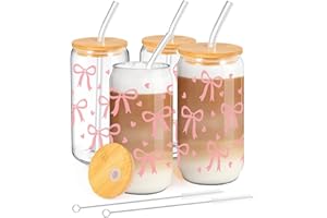 MEIMUCUL Bow - Bicchieri in vetro con coperchio e cannuccia, 4 pezzi, con coperchio e cannuccia, 500 ml, idea regalo personalizzata per la migliore amica, sorella