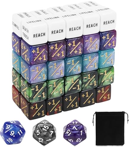 65 stuks MTG dobbelstenen tellers - AbilityKeyword tellers, -1/ 1 levenstellers, schild levenstellers, D6 dobbelsteen, Compatibel met MTG, kaartspel accessoires (Inclusief zwarte tas