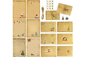 SLshiBo Set di 12 pezzi di carta da lettere vintage natalizia, con 6 buste, corda di canapa da 10 m, adesivi e accessori di Natale per amici parenti, ecc.