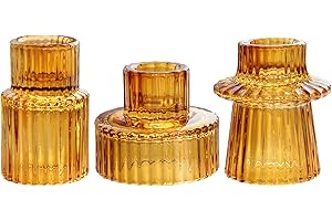 HofferRuffer Candle Holders Set of 3,Glass Votive Tealight Holders for Taper/Pillar/Tealight Candles,Candlesticks for Table Centerpiece, Wedding,Birthday,Gifts（Amber）