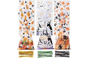 CCINEE Halloween cellofanbehandlingspåsar, 150 st halloween plast klara godispåsar med 300 st vridningar för snacks kakor förpackning