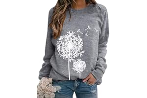 Dresswel Women Dandelion Print Sweatshirt Crew Neck Long Sleeve Tops Basic Jumper Tunic Blouse Shirts