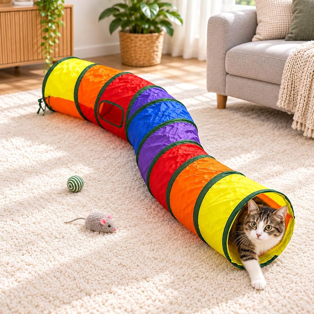getmeev Kıvrımlı Kedi Tüneli,130 cm boyunda S Şeklinde Çok Renkli Uzun Oyun Tüneli, Katlanabilir Esnek Tasarım, Kediler İçin Saklanma Koşma ve Egzersiz Oyuncağı (Çok Renkli)