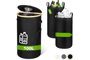 FUBEGI Recycling Bin for Kitchen, Indoor Deposit Bottle Recycling Box Storage Collection with Lid Handle, 100L Deposit Bottle Container 2 Carrying Bags, Bamboo Empty Bottle Storage Collector Organiser, Black
