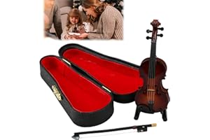 RAYKCE 10CM Miniature Violin - Tiny Wooden Musical Instrument Model with Stand, Bow & Black Leather Case - Worlds Smallest Emergency Violin for Kids Gift & Decorating