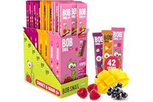 BOB SNAIL ROLL Bob Snail Fruit Leather Stripes – Mix Flavors Raspberry, Blackcurrant, Mango – Sugar Free, Vegan, Natural Healthy Fruit Snacks for Adults and Kids, Bulk Candy Family Box, 42 Bars (Pack of 7, 588g)