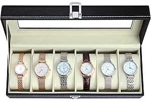 Ohuhu Uhrenbox mit 6 Fächern, Watch Box Uhren Aufbewahrungsbox mit Glasdeckel, Uhren Box aus PU Leder und Samt Innenfutter, Uhrenbox Herren Frauen, Geschenkidee für Geburtstag Vatertag Valentinstag