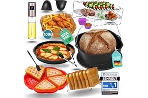 FryChef Heißluftfritteuse Zubehör, Airfryer Zubehör, 18 Teile, mit Backform, 100 x Backpapier, Ölsprüher u.v.m. Passend für COSORI 5,5L, Philips 7,3L, Cecotec 5,5 L. Quadratische Geräte ab 23 cm