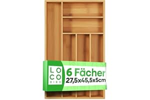 Sidorenko Loco Bird - Caja de cubiertos para cajones de bambú, 6 compartimentos, 27,5 x 44,7 x 5 cm, organizador de cubiertos de madera