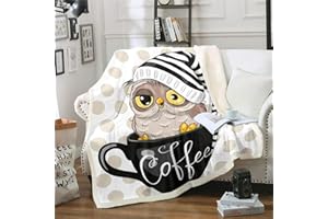 Homewish Eule Sherpa Decke Werfen 150X200- Eule Bedruckte Weiche Plüsch Decke Für Bett/Couch/Sofa/Büro/Camping/Stuhl/Wohnzimmer, Süße Kaffeetasse Tiermuster Fuzzy Fleecedecke Für Kinder Mädchen