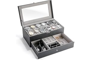 ProCase Scatola per Orologi a Doppio Strato per 12 Orologi, Cofanetti Orologi PU Pelle e Scatole Portagioie con Coperchio in Vetro per Uomo Donna per Porta Orologi -Nero