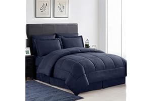 Sweet Home Collection Queen-Bettwäsche-Set, 8-teiliges Bett in Einer Tasche mit Bettrock, Spannbetttuch, Bettlaken, 2 Kissenbezügen, 2 Kissenbezügen, Queen, Griechischer Schlüssel, Marineblau