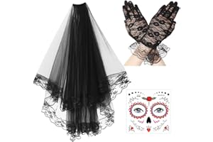 Epokus Disfraz de Halloween para Mujer, Diadema con Velo Del Día de Los Muertos, Diadema con Tatuajes de Cara de Halloween, Disfraz Del Día de Los Muertos,Velo de Viuda Novia Disfraces de Carnaval