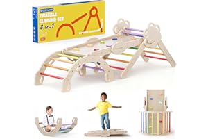 COSYLAND Arrampicata per Bambini 8 in 1 - Triangolo di pikler Regolabile a 3 Livelli con Scivolo, Gioco Treno e Confezione Regalo, Palestra Bambini Pieghevole da Interno, 18M-6Y, Arcobaleno