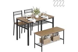 KU Syang Dining Table and 2 Chairs with 1 Bench, Dining Table and Chairs Set 4, Dining Room Sets with 2 Storage Racks and 4 S-Hooks, Walnut Brown
