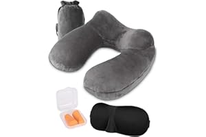 JEJA Cuscino da Viaggio, Cuscino Aereo Viaggio, Cuscino da Viaggio Gonfiabile, con Maschera e Auricolari, Perfetto per Auto Aereo Ufficio e Domestico, Grigio