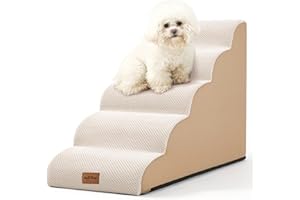 COZY KISS Hundetreppe für Kleine Hunde 57cm, Haustiertreppe für Hochbett aus Hochdichtem Schwamm, Hunde Treppe Hunderampe mit Waschbarem Bezug und Rutschfestem Boden, 40x84x57cm, 5 Stufen, Beige