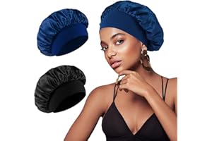 Waymaytecy 2 Stück Seidenhaube zum Schlafen, Schlafmütze Satin Bonnet Nacht Schlaf mit Gummiband für Lange, lockige Haare, Weiche rutschfest Satin Haarhaube für die Nacht(Schwarz&Dunkelblau)