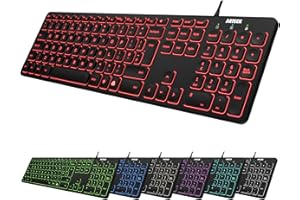 Arteck USB Wired Keyboard Universal Backlit 7-Colors & Adjustable Brightness Full Size Keyboard with 1.8M Wire, Numeric Keypad and Media Hotkey for Computer Desktop PC Laptop and Windows 11 10 8 7