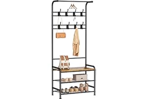 HOMIDEC Coat Stand, 182cm Coat Rack with Shoe Bench Removable Hooks Hanging Rail, Coat and Shoe Rack for Hallway Entryway Small Space, Rustic Brown