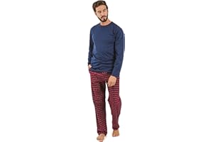 TRAMAS+ Pijama Hombre de Invierno, Pijama de Hombre Franela con Camiseta de Manga Larga y Pantalón Largo, Conjunto de Pijama de Invierno 100% Algodón y Franela para Hombre