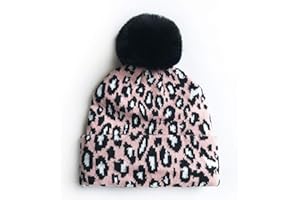 LUMOONY MoonyLI Enfants Hiver tricoté Chapeaux léopard imprimé à Revers Bonnet Boule de Fourrure Pom Pom Casquette Unisexe Enfants Bonnet Chapeau Casquette Chaud Chapeaux d'hiver