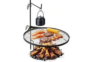 VEVOR Robust 62 cm svängbar lägereldsgrill, bärbar rund campinggrill av robust stålnät, 360°, justerbar ovanför eldstaden med