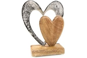 LOGBUCH-VERLAG Statua decorativa cuore: figura decorativa da appoggio, scultura in metallo e legno, regalo matrimonio, compleanno e San Valentino, decorazione soggiorno moderna, soprammobile cuore, 21 x 16 x 6 cm