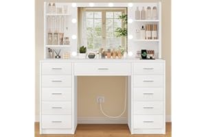 TEENFON Große Schminktisch mit LED-Beleuchtung und Steckdosen, Schminktisch mit Spiegel, 11 Schubladen, 4 offenen Ablagen und 5 Schmuckhaken für das Schlafzimmer, Weiß