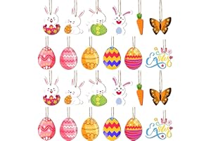 Lot om 24 påskägg att hänga - I trä - Påskpendeln i trä - Påskharen - Morot - Blomsterdekoration - Påskgåva - Vårdekoration för skolan, hemmet