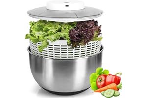 BUUMIN Salad Spinner Large, 4.8 L Stainless Steel Vegetables Washer Dryer, Electric Household Fruit Dehydrator Drainer, Fruit Vegetable Strainer Spinner, Non-Slip Base