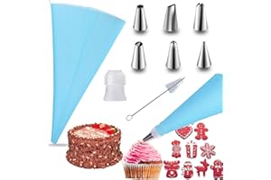 FlyWave Worki cukiernicze 9 sztuk, 14 cali, worki do wyciskania wielokrotnego użytku, 6 końcówek ze stali nierdzewnej, adaptery, szczotki do czyszczenia, zestaw worków do wyciskania, nadaje się do dekoracji ciast, ciastek, babeczek