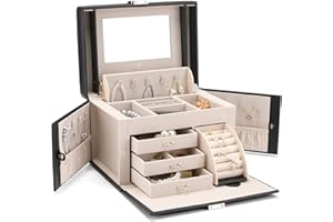 Vlando Cofanetto Portagioie, Scatole Portagioie in Pelle con 4 Strati, Organizer Gioielli con Specchio e Serratura per Anelli Collane Orecchini, Regalo festa della mamma (Nero)