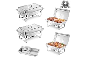 Chafing Dish Buffet Set 4pcs Edelstahl Warmhaltebehälter, 9L Speisewärmer, Wärmebehälter Rechaud, Buffet Wärmer für Catering Party(2x GN-Behälter 1/1, 2x GN-Behälter 1/2 und 4x GN-Behälter 1/4)