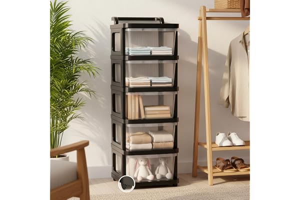 PrettyKrafts 5-Layer Heavy Duty Plastic Storage Drawer with Wheels Stackable Modular Cabinet for Home & Office Multi-Purpose Drawer Organiser for Clothes, Toys & Kitchen Items Black & Clear