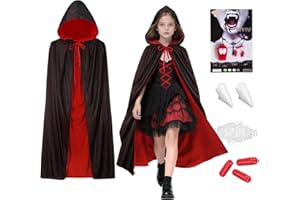 WINWILD Vampir Kostüm - Beidseitig Rot-Schwarz Umhang mit Kapuze & Vampirzähne & Kunstblut, 120 cm Vampir Umhang für Kinder & Mädchen - Halloween & Fasching & Karneval