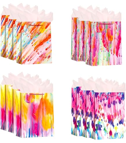 4 Pcs 9" Gift Bags Medium Size With Tissue Paper White Gold