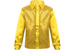 ranrann Enfant Garçon Chemise Paillette Manches Longues Costume Brillant Danse Soirée Bal Dégusiement Disco Sequin Top Danse Moderne Jazz Haut T-Shirt Veste 4-14 Ans
