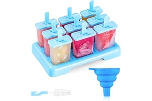 ANSMIO Ice Lolly Moulds 9 Popsicle Molds Ice Cream Moulds Reusable DIY Ideas Ice Lolly Stick - Comes with a Cleaning Brush and Silicone Folding Funnel(Blue)