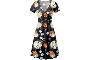 For G and PL Halloween Women's Short Sleeves V Neck Scary Printed Party Dress S-XXL