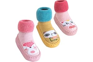 FEOYA Baby Slippers 3 Pairs Anti-Slip Infant Floor Socks for Newborn Boys Girls - Breathable First Walking Shoes, Winter Thermal Step Socks