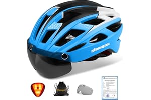Shinmax Kask rowerowy, certyfikat CE, kask rowerowy ze zdejmowanymi okularami ochronnymi, wizjer dla mężczyzn i kobiet, dorosłych, regulowana ochrona bezpieczeństwa LED tylne światło do deskorolki, jazdy na nartach, snowboardzie NR-096