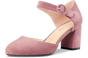 NobleOnly Mujer Chunky Ancho Medio Heel Two-Piece Cierre con Hebilla Redonda Punta Pumps Clear Cute de Boda Oficina Zapatos 6.5 CM Heels