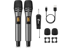 TONOR TW320 Wireless Microphones, 2x UHF Cordless Handheld Dynamic Mics with 6.35mm Rechargeable Receiver, 200ft. Range, 5 Adjustable Channels for Karaoke, Singing, DJ, Party, Speech, Grey