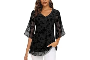Syphiby Womens Overlap Ruffle Sleeve V Neck Elastic Mesh Blouse Loose Flowy Tunic Tops